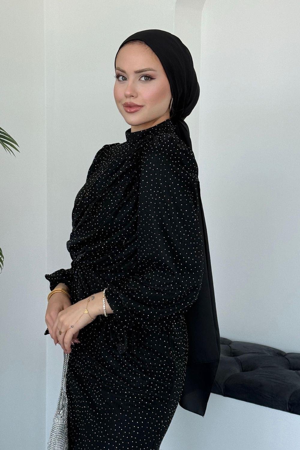 Maviş Simli Abiye Siyah 7710 