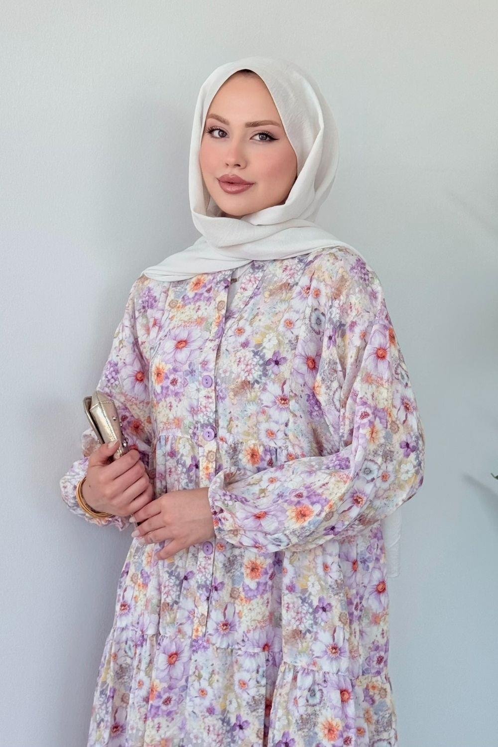 Liva  Çiçekli Elbise Lila 7965 