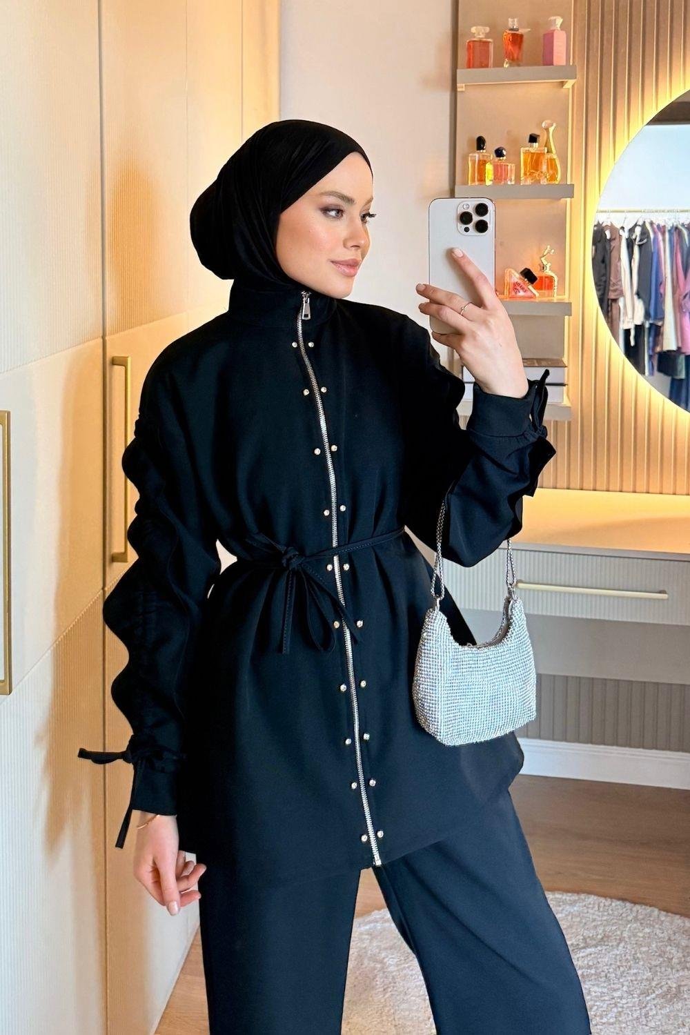 Berna Kol Büzgülü Takım Siyah 8004 