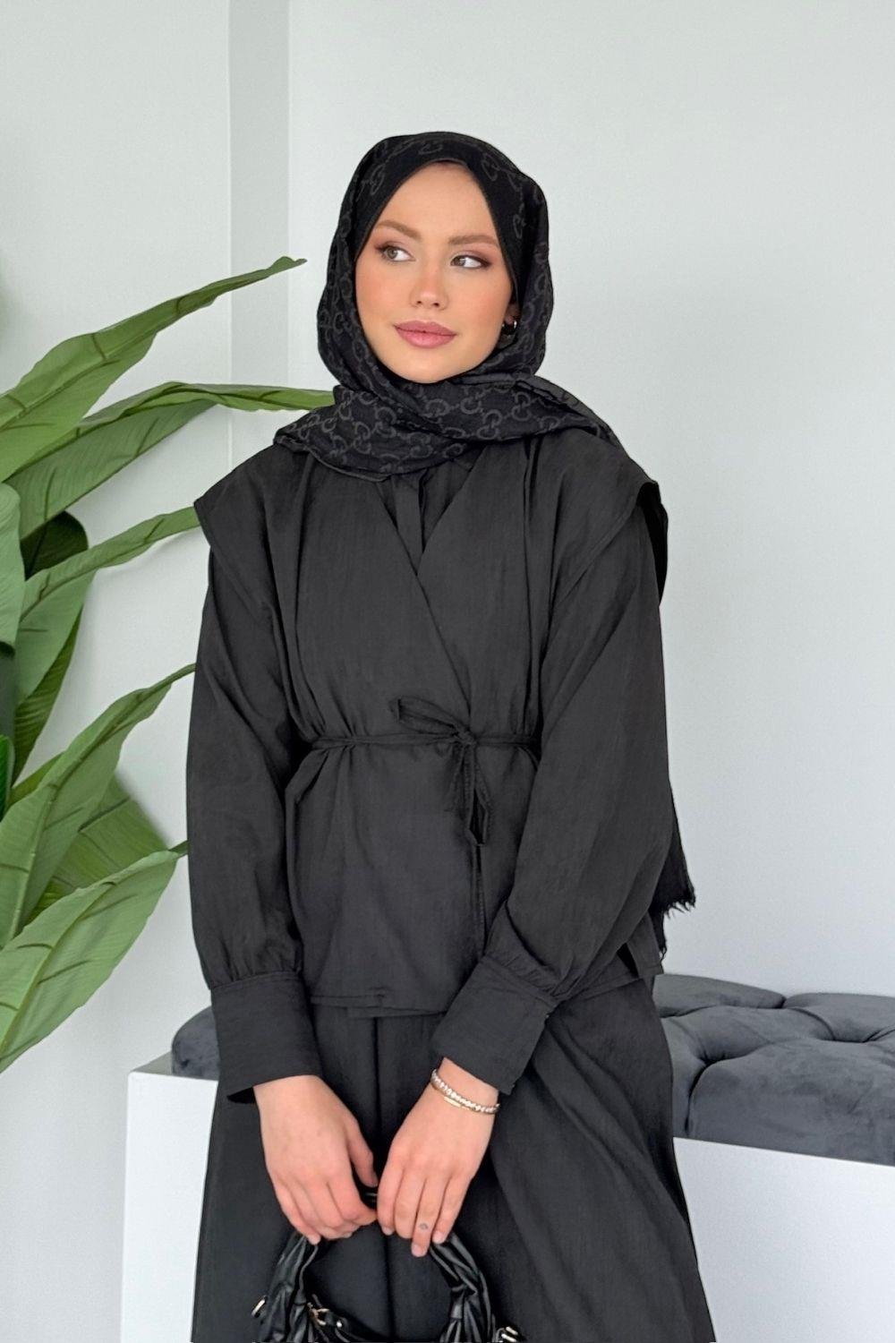 Banu Jileli Yelekli Elbise Siyah 8005 