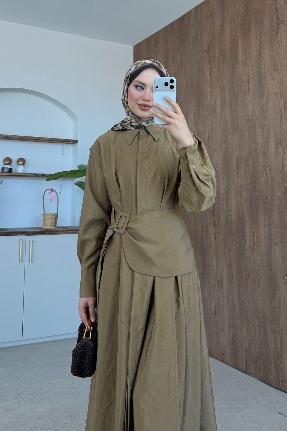 Viyana Kemerli Elbise Yağ Yeşili 8032 