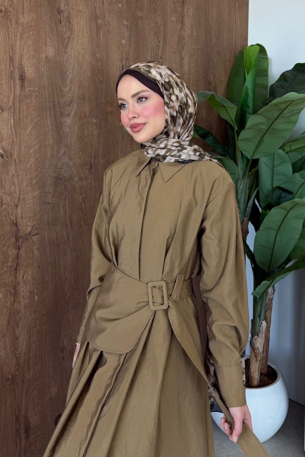 Viyana Kemerli Elbise Yağ Yeşili 8032 