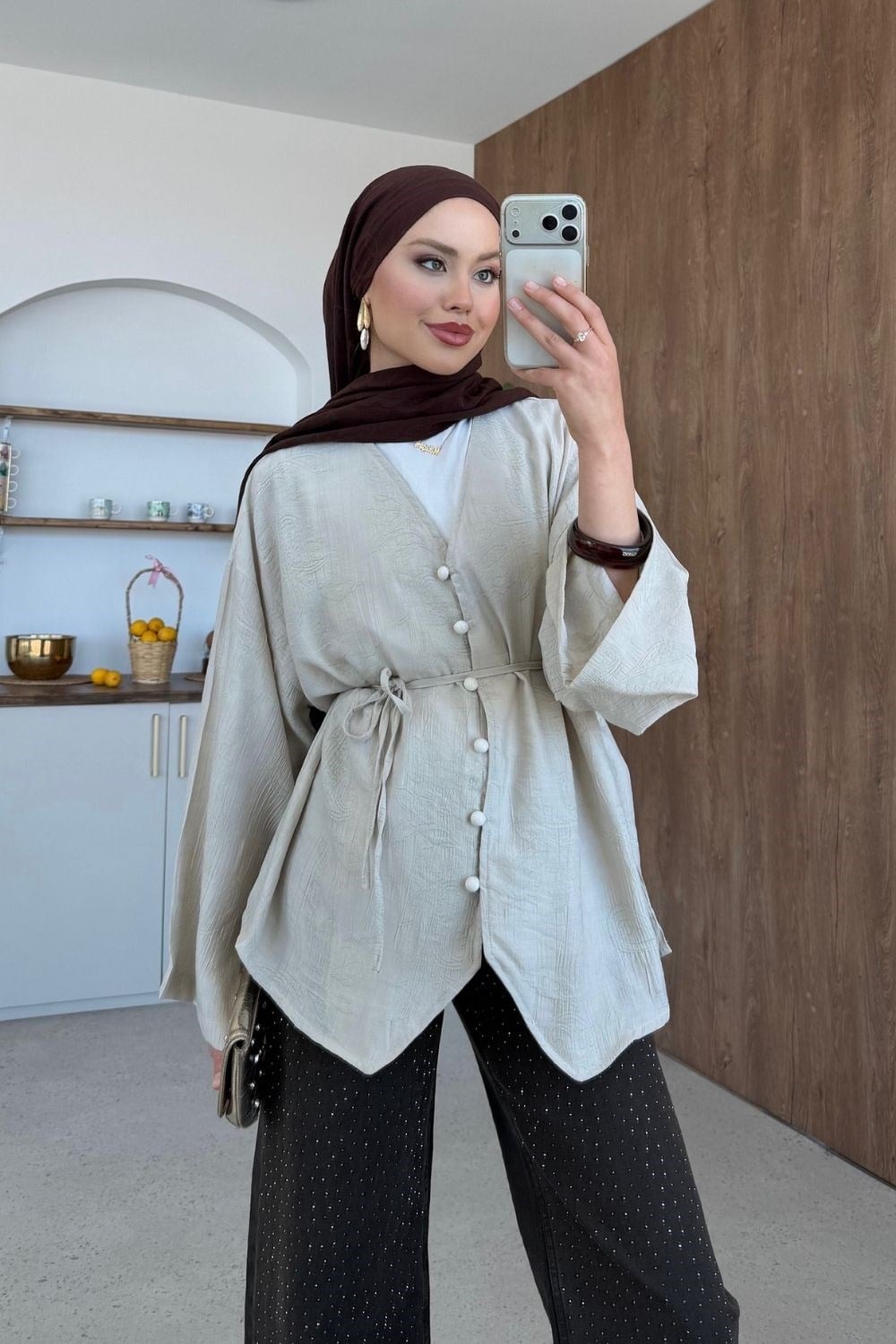 Jakarlı Gömlek Bej 8040 