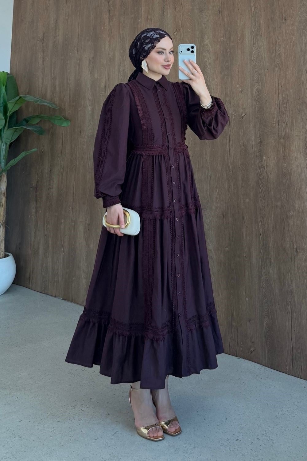 Belinda Güpür Detaylı Elbise Bordo 80470 