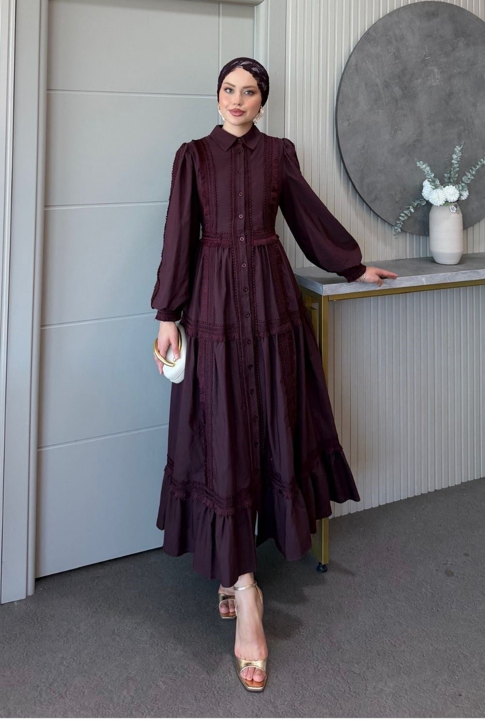 Belinda Güpür Detaylı Elbise Bordo 80470 