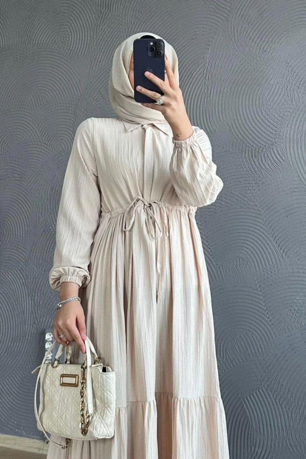 Beli Bağcıklı Gömlek Yaka Elbise Camel 8051 