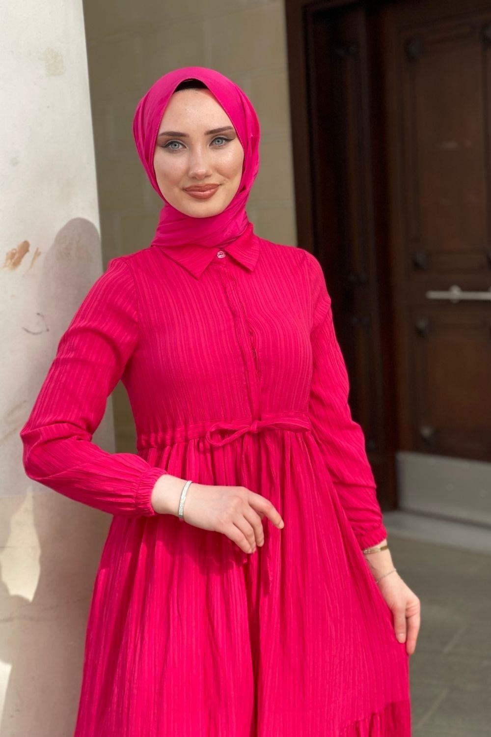 Beli Bağcıklı Gömlek Yaka Elbise Fuşya 8051 