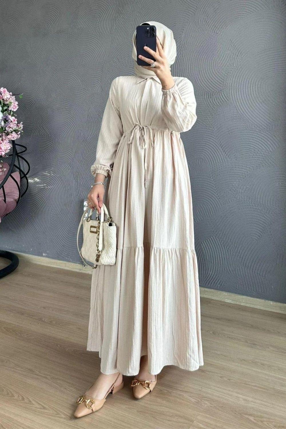 Beli Bağcıklı Gömlek Yaka Elbise Camel 8051 