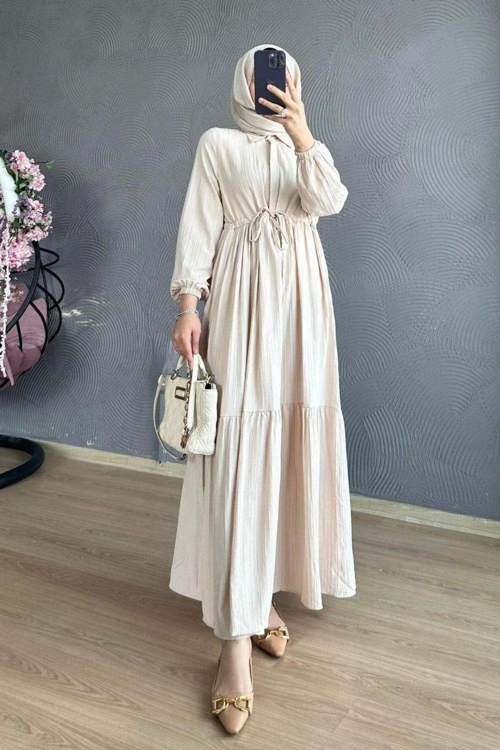 Beli Bağcıklı Gömlek Yaka Elbise Camel 8051 