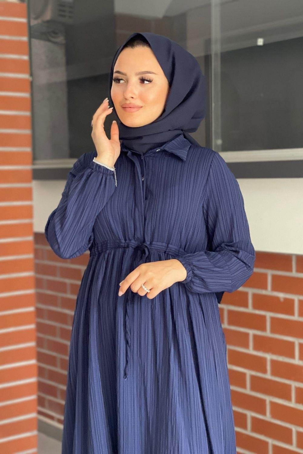 Beli Bağcıklı Gömlek Yaka Elbise Lacivert 8051 