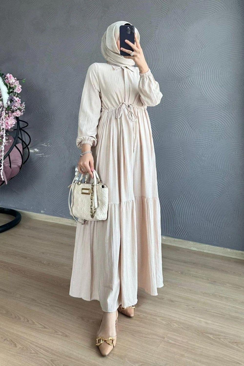 Beli Bağcıklı Gömlek Yaka Elbise Camel 8051 