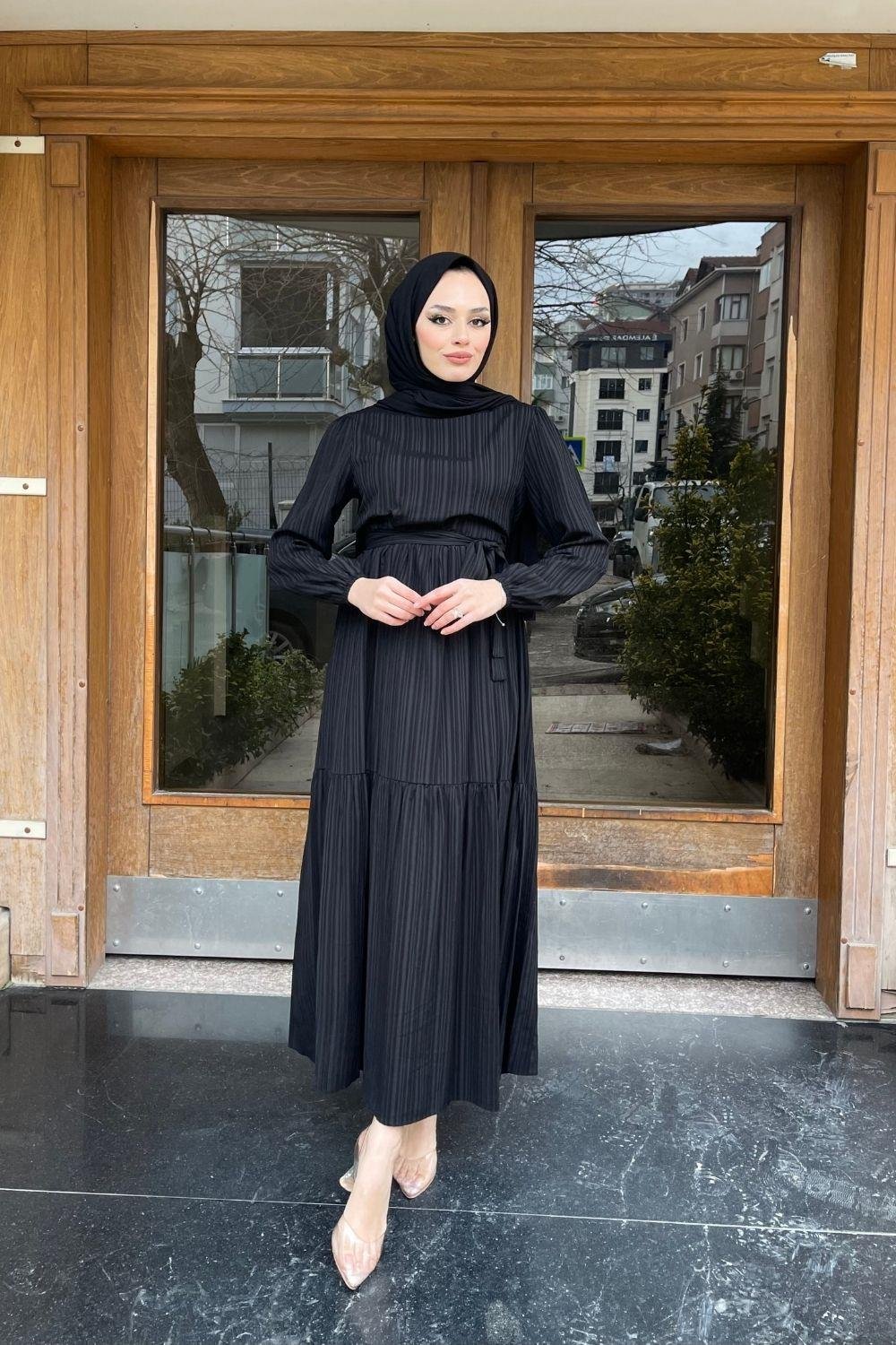 Kendinden Çizgili Maxi Elbise Siyah 8052 