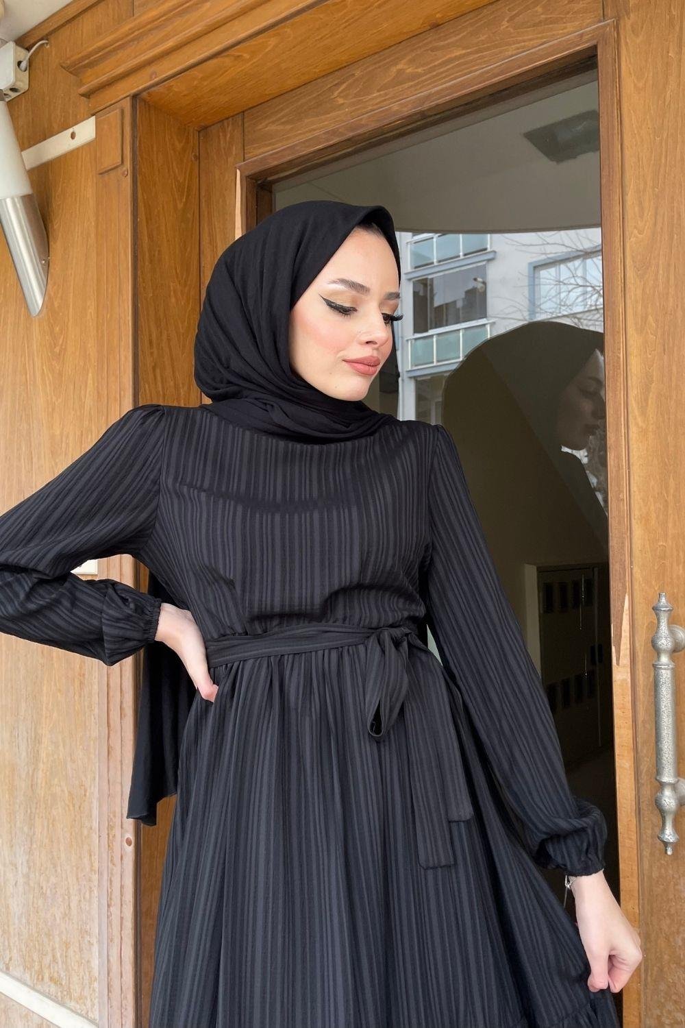 Kendinden Çizgili Maxi Elbise Siyah 8052 