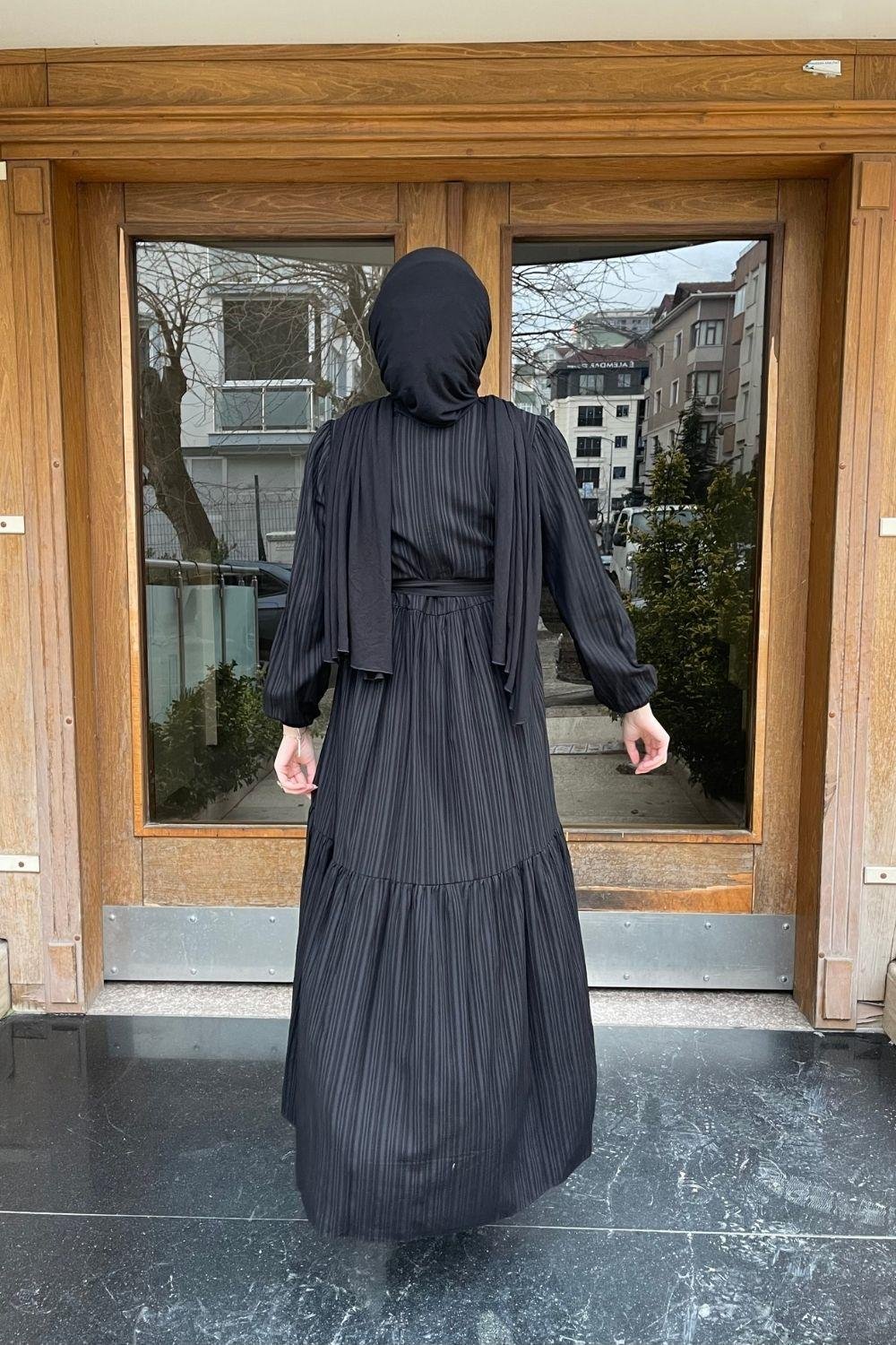 Kendinden Çizgili Maxi Elbise Siyah 8052 