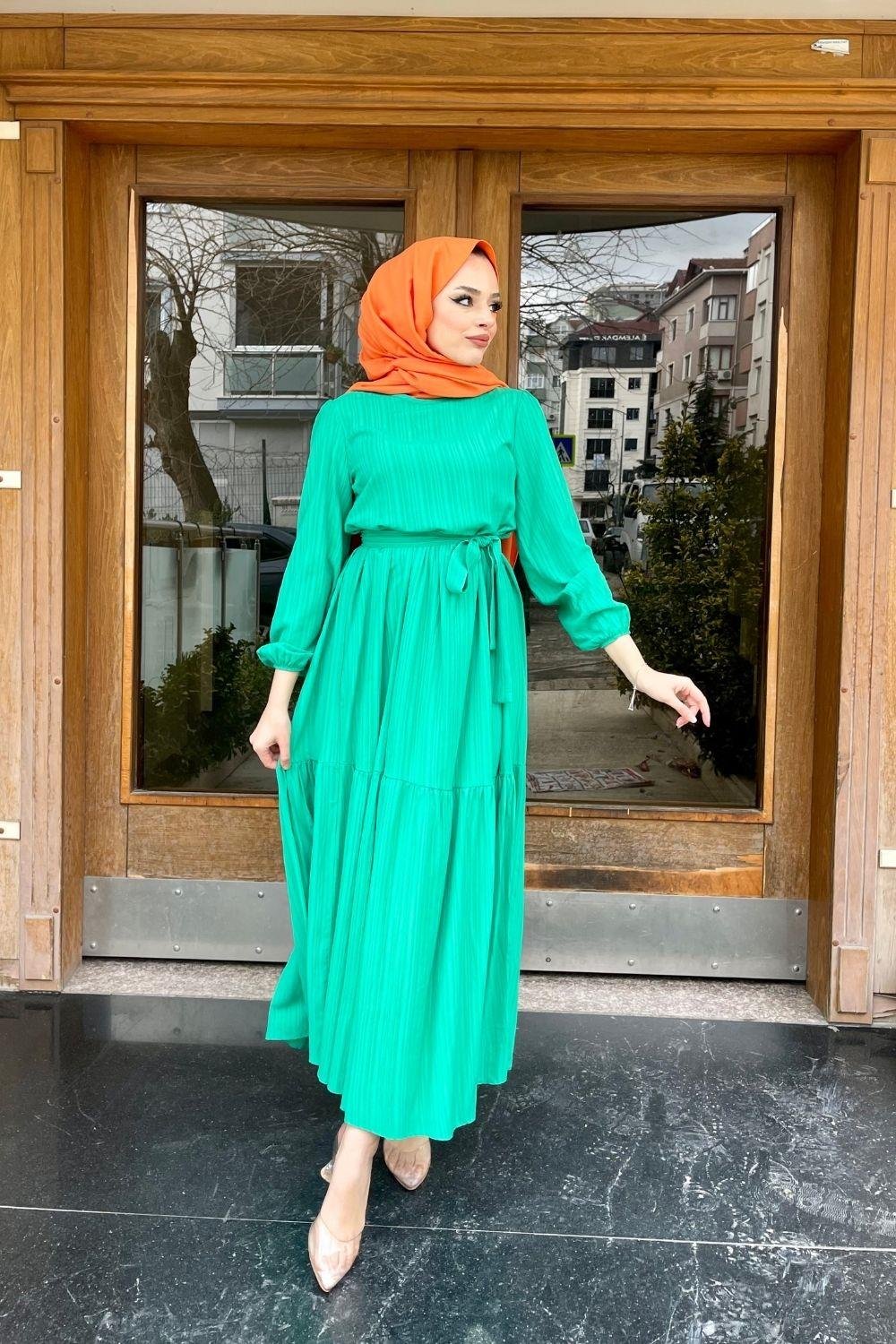 Kendinden Çizgili Maxi Elbise Yeşil 8052 