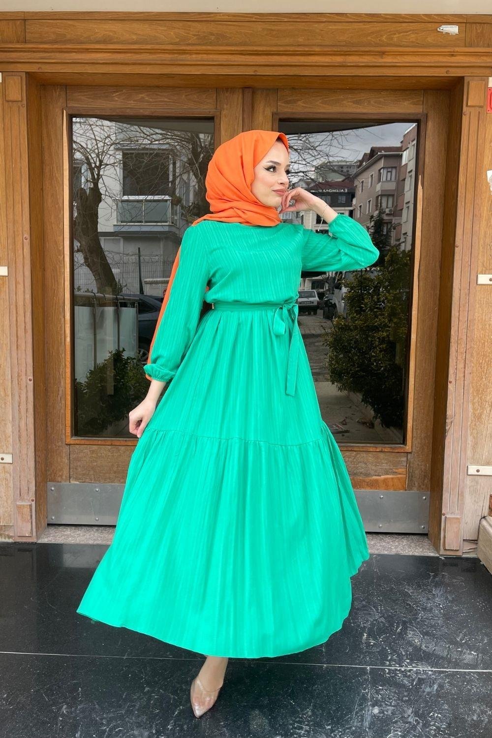 Kendinden Çizgili Maxi Elbise Yeşil 8052 