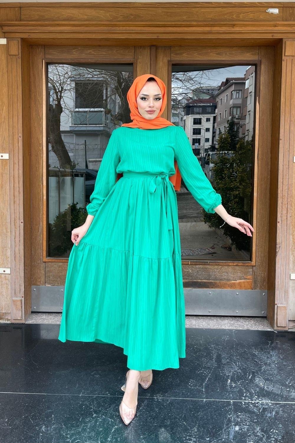 Kendinden Çizgili Maxi Elbise Yeşil 8052 