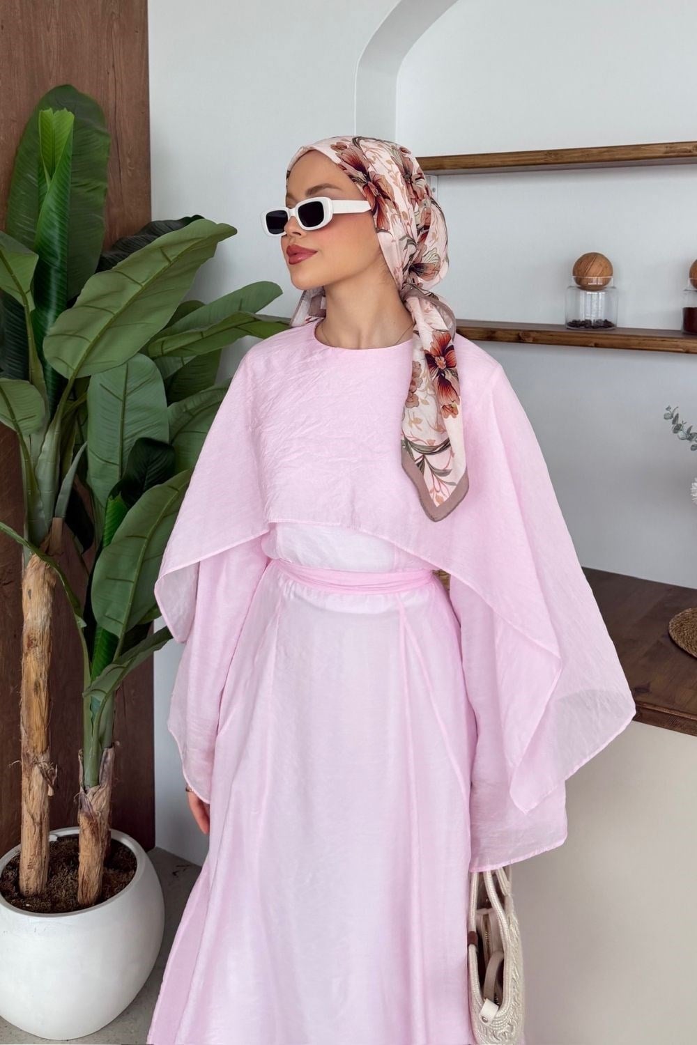 Marina Pelerinli Tül Modal Elbise Pembe 8054 