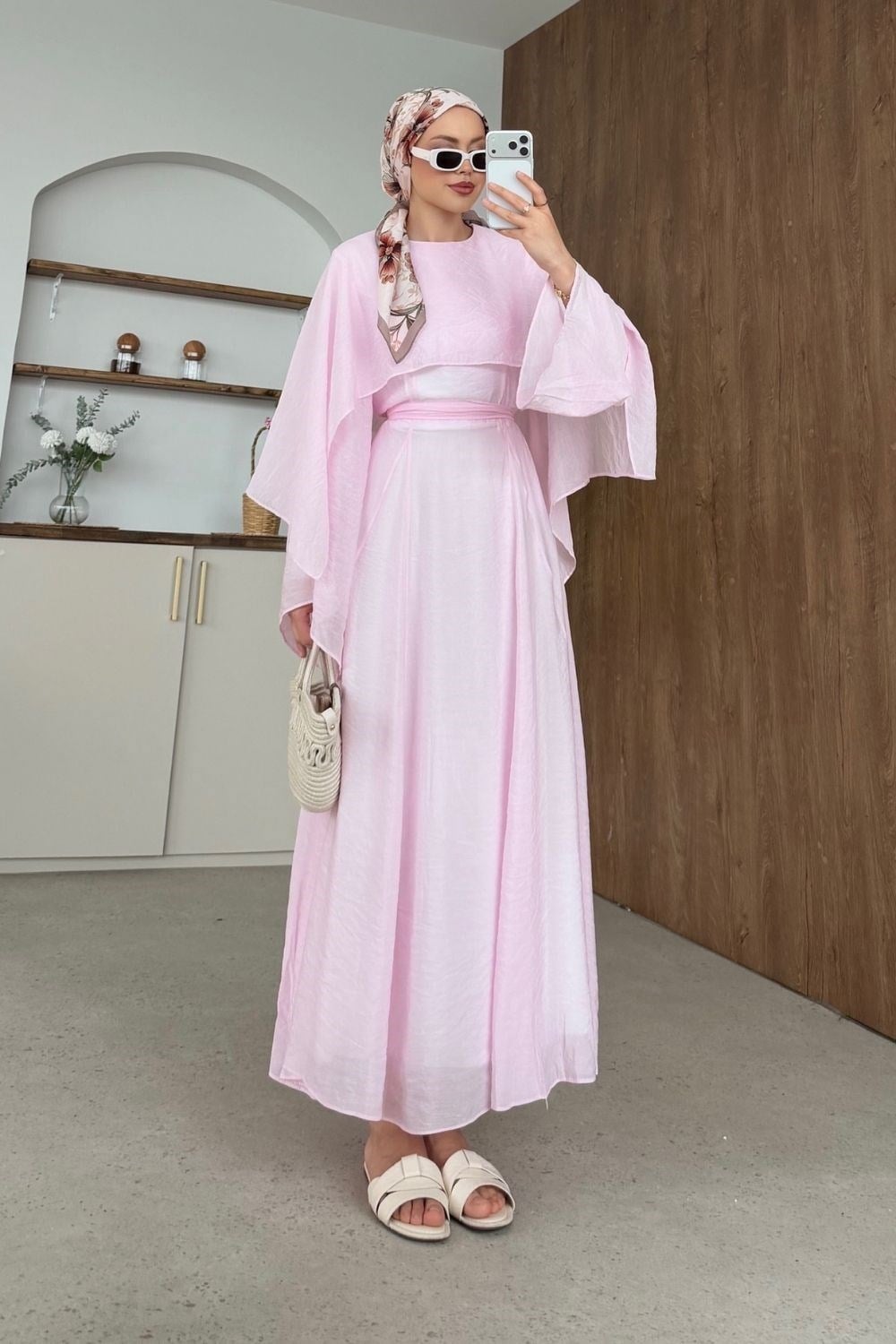 Marina Pelerinli Tül Modal Elbise Pembe 8054 