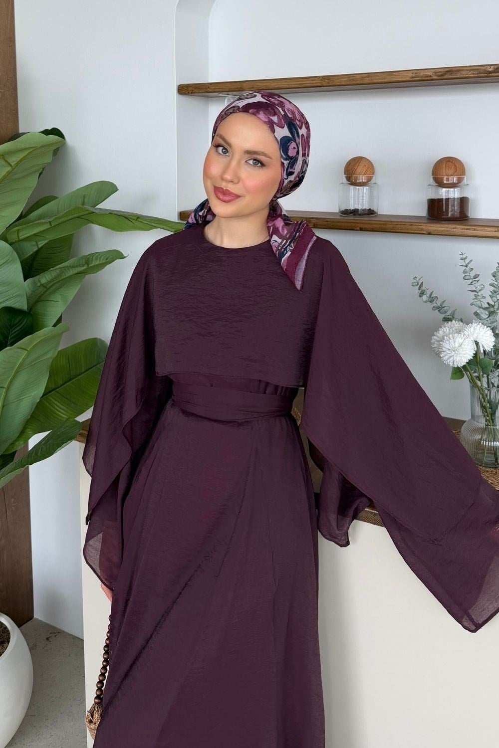 Marina Pelerinli Tül Modal Elbise Mürdüm 8054 