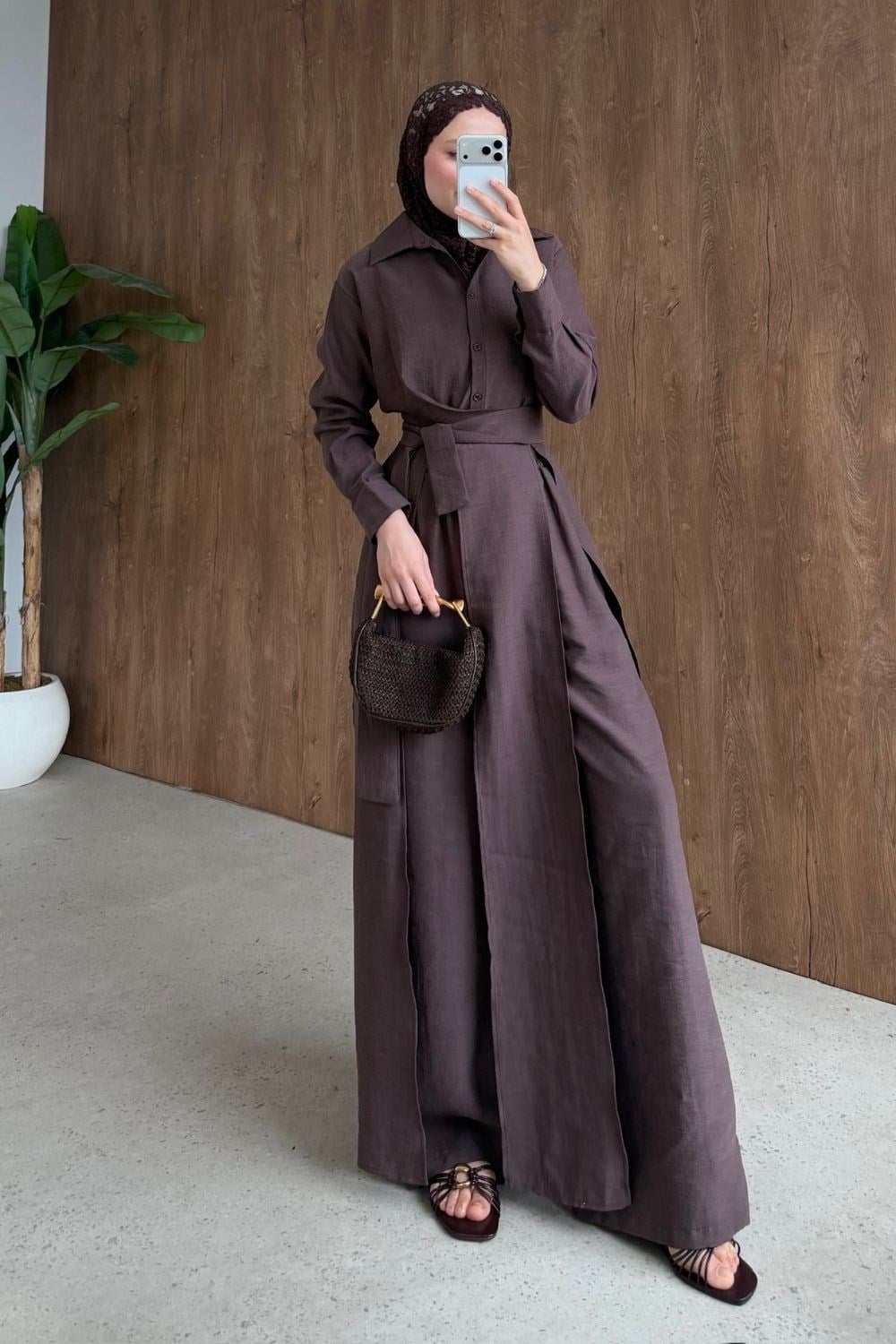Celine Yırtmaçlı Pantolonlu Takım Kahverengi 8058 