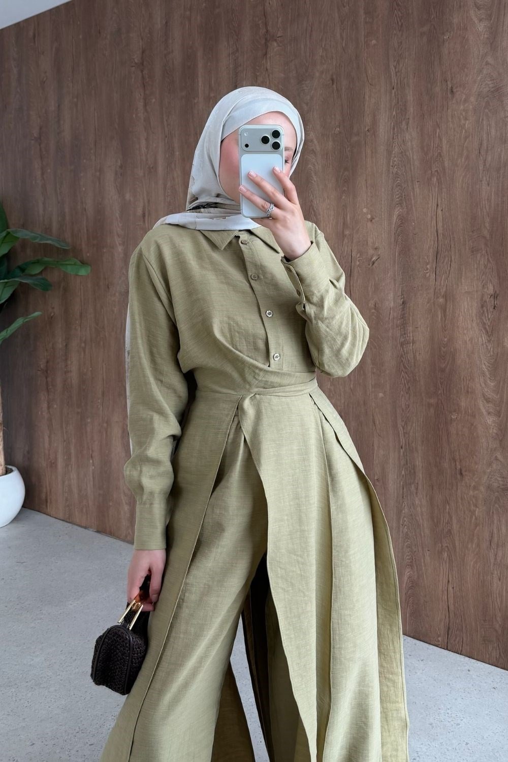 Celine Yırtmaçlı Pantolonlu Takım Yağ Yeşili 8058 