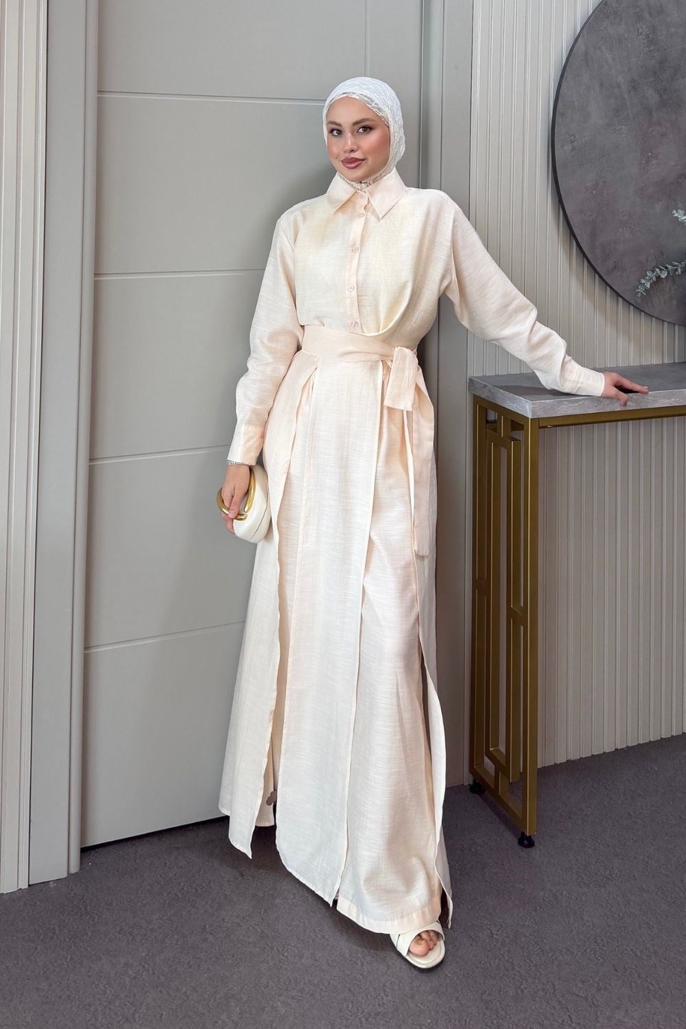 Celine Yırtmaçlı Pantolonlu Takım Somon 8058 