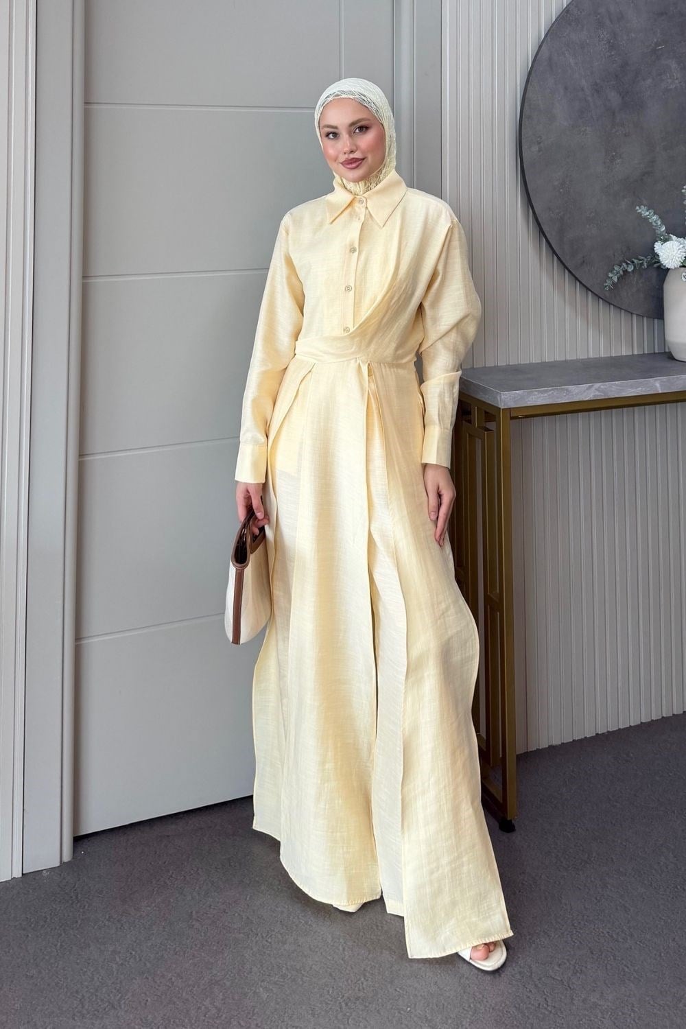 Celine Yırtmaçlı Pantolonlu Takım Sarı 8058 