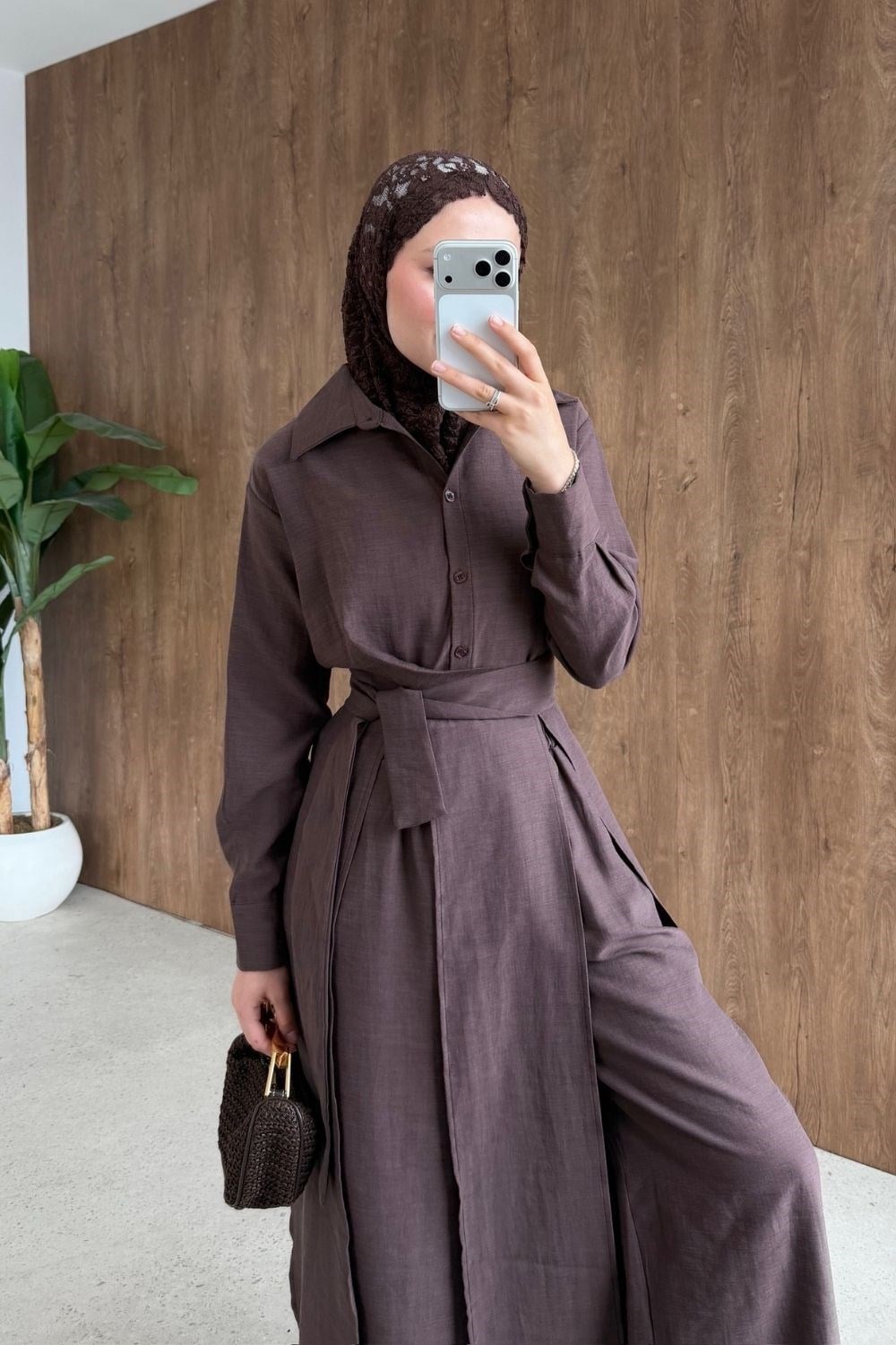 Celine Yırtmaçlı Pantolonlu Takım Kahverengi 8058 