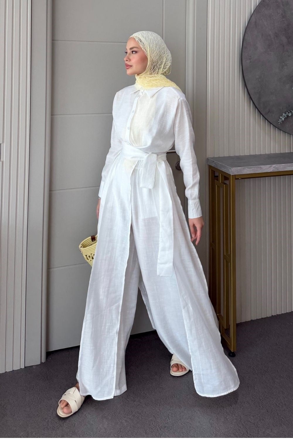 Celine Yırtmaçlı Pantolonlu Takım Beyaz 8058 