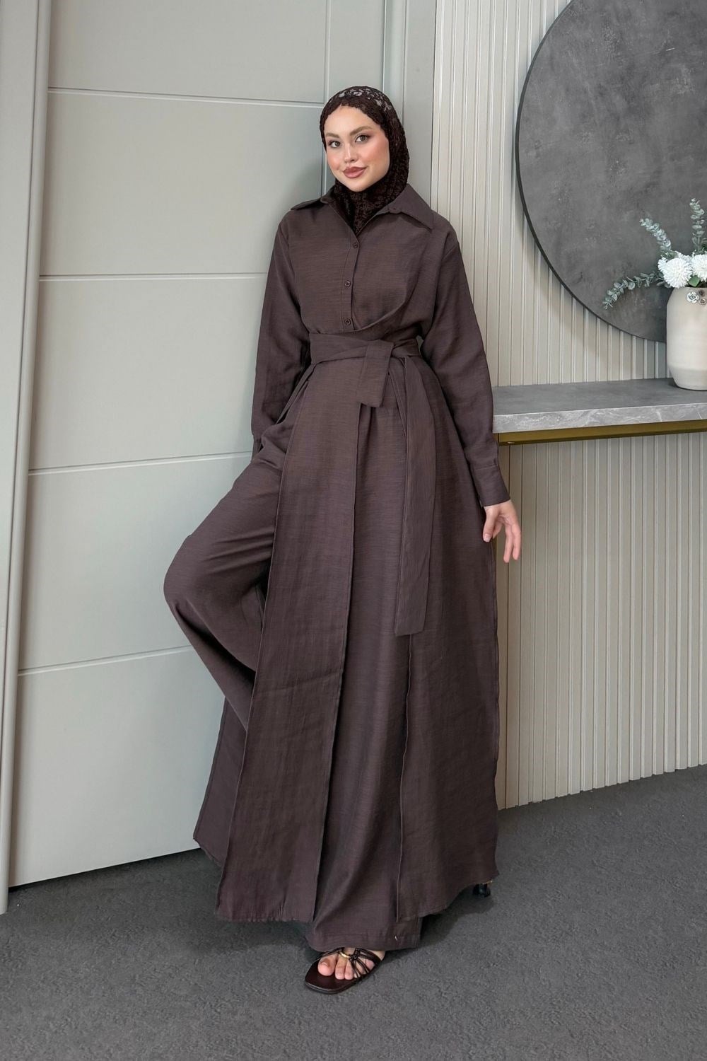 Celine Yırtmaçlı Pantolonlu Takım Kahverengi 8058 