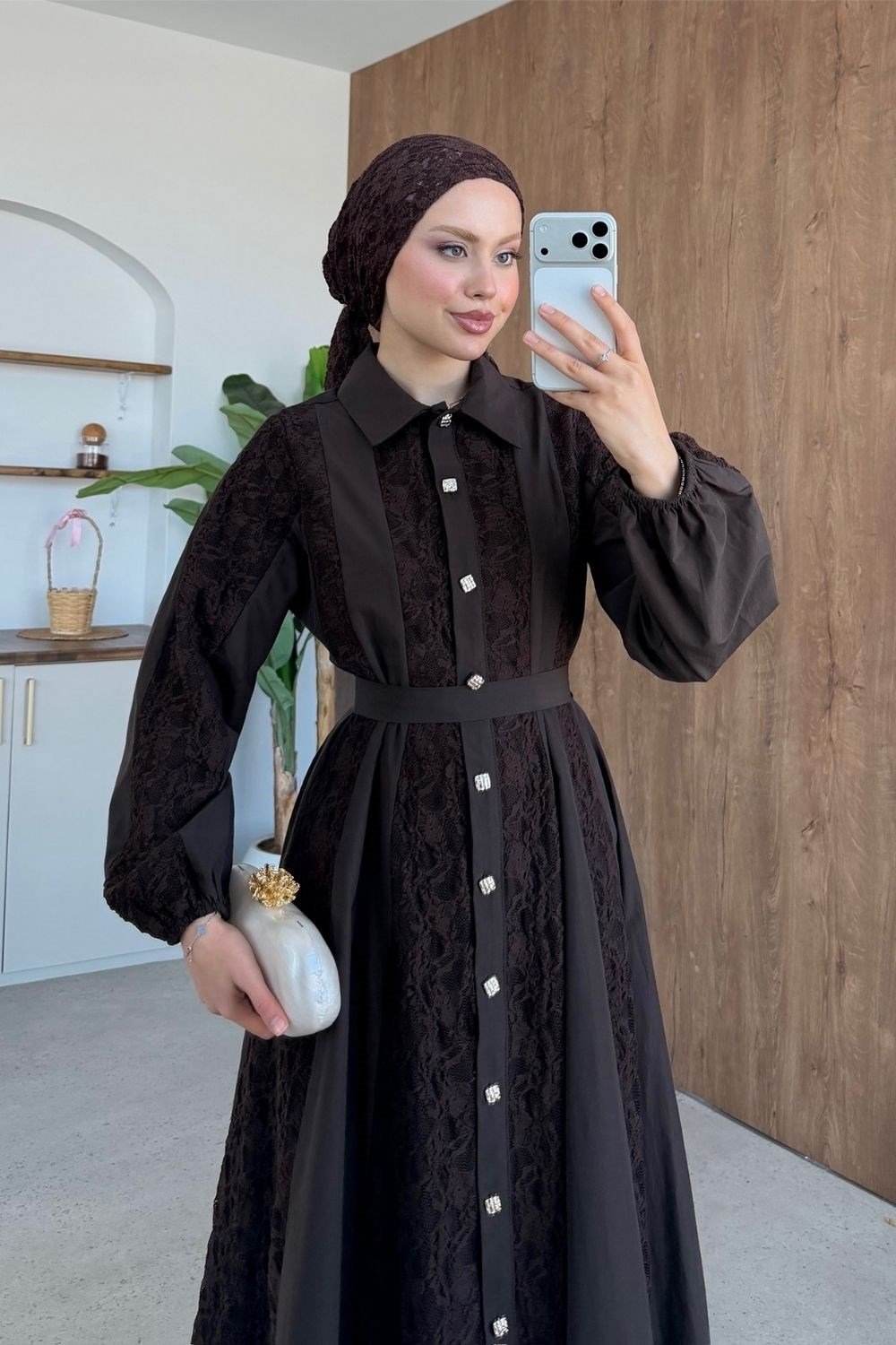 Romantik Dantel Detaylı Elbise Kahverengi 80650 