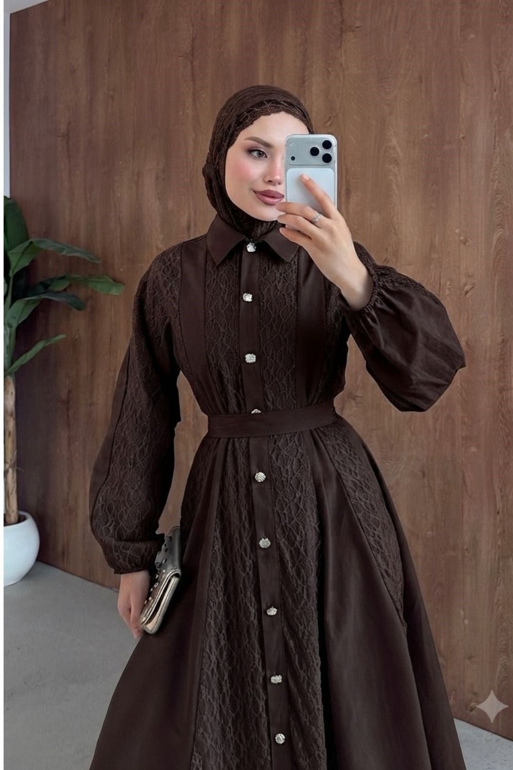 Romantik Dantel Detaylı Elbise Kahverengi 80650 