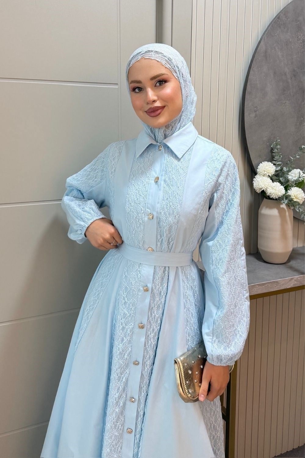 Romantik Dantel Detaylı Elbise Mavi 80650 