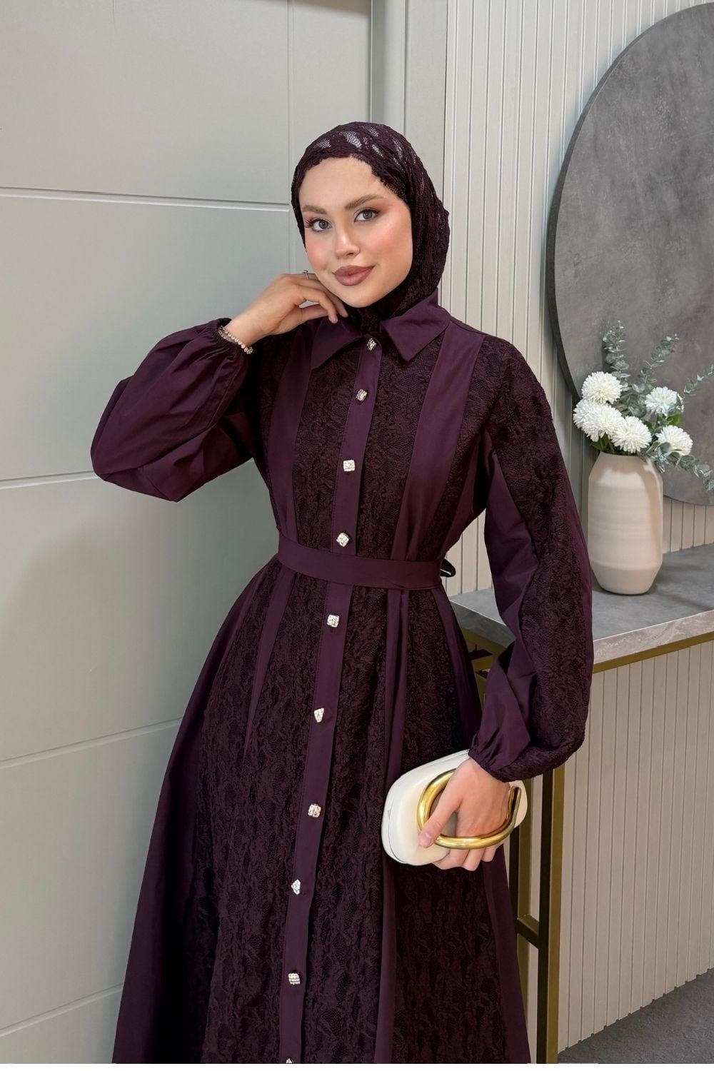 Romantik Dantel Detaylı Elbise Mürdüm 80650 