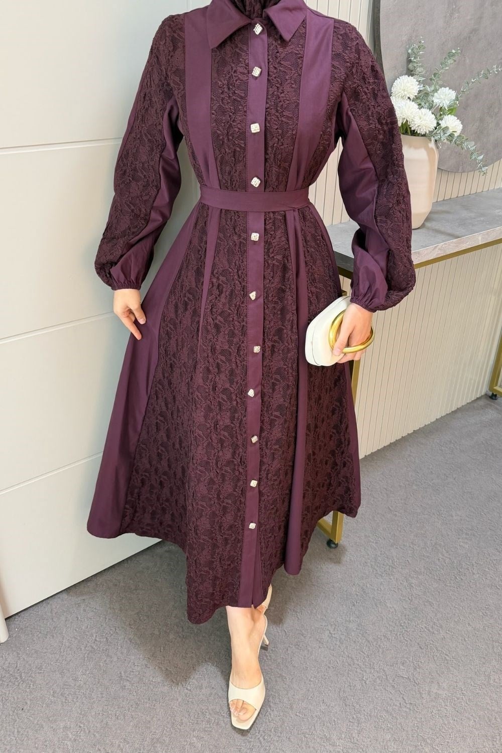 Romantik Dantel Detaylı Elbise Mürdüm 80650 