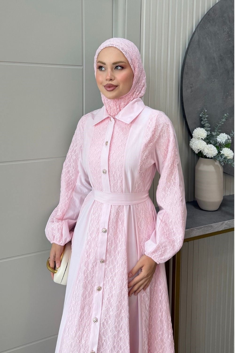 Romantik Dantel Detaylı Elbise Pembe 80650 