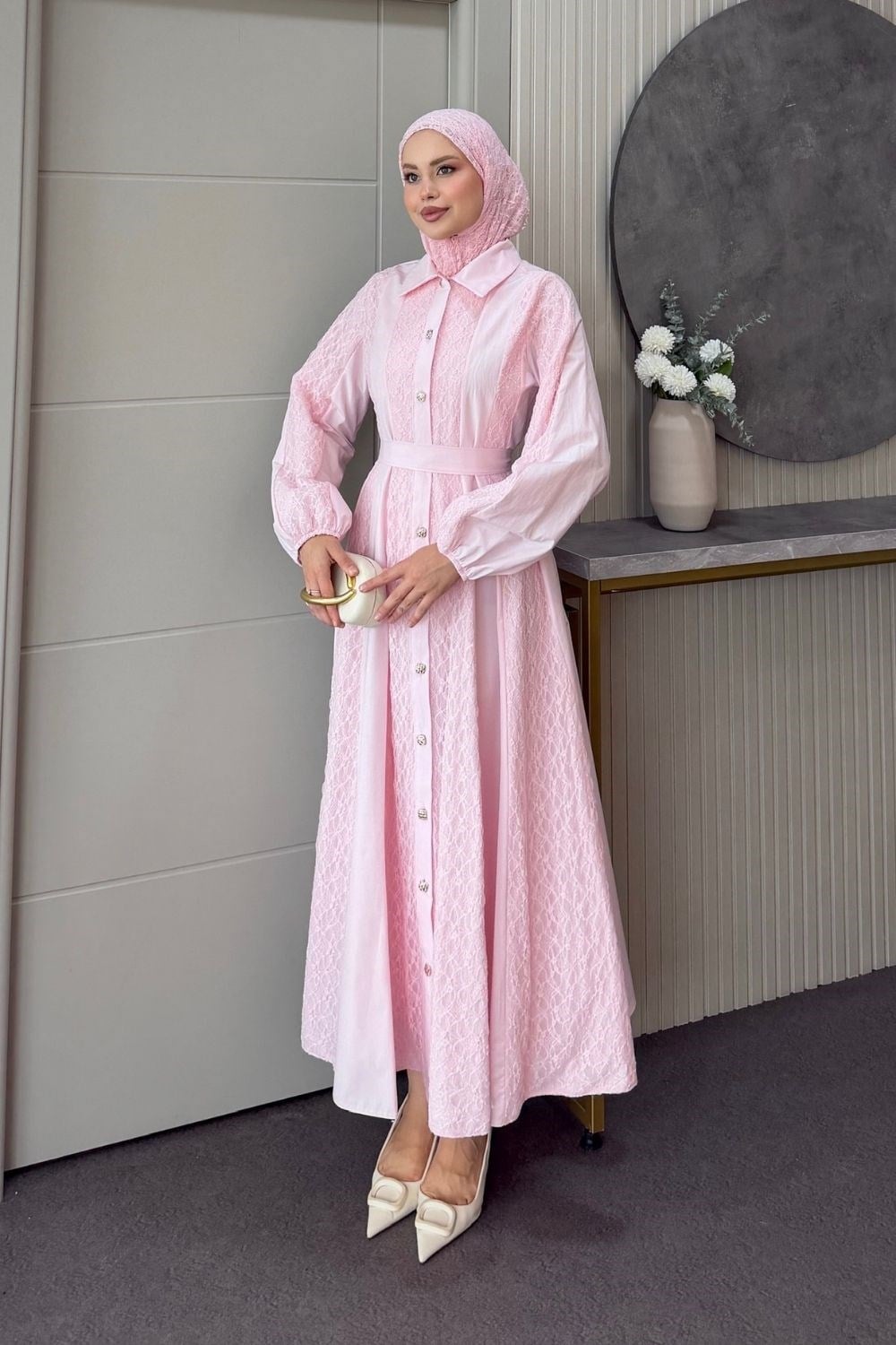 Romantik Dantel Detaylı Elbise Pembe 80650 