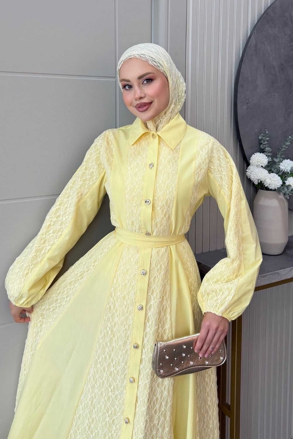 Romantik Dantel Detaylı Elbise Sarı 80650 