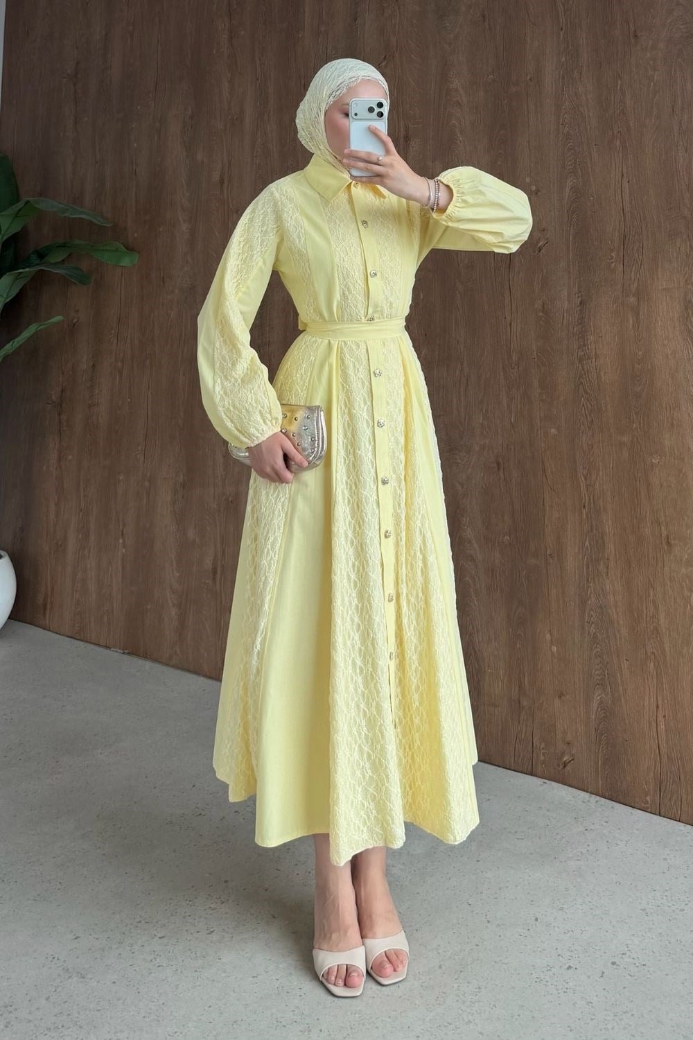 Romantik Dantel Detaylı Elbise Sarı 80650 