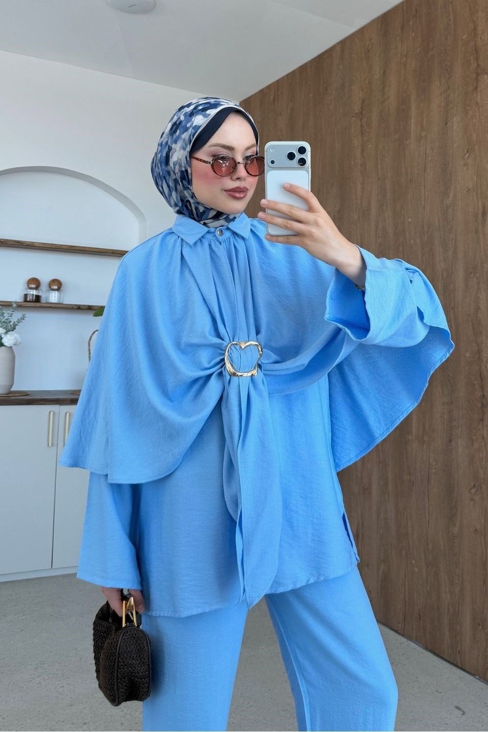 Serra Keten Pelerinli 3'lü Takım Mavi 8072 