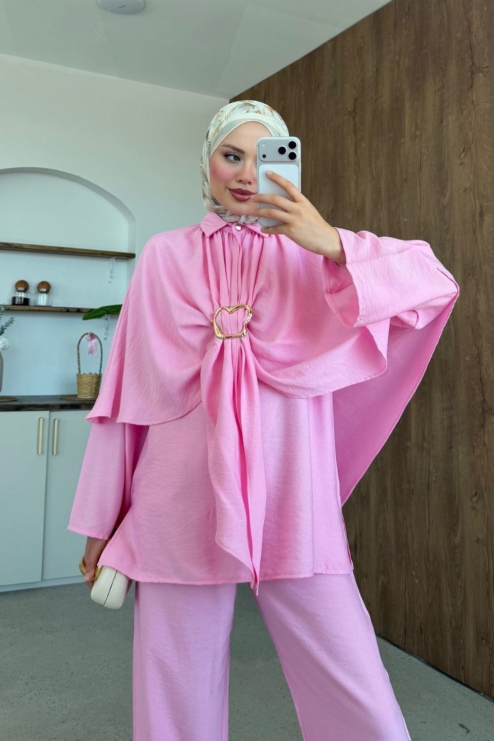 Serra Keten Pelerinli 3'lü Takım Pembe 8072 