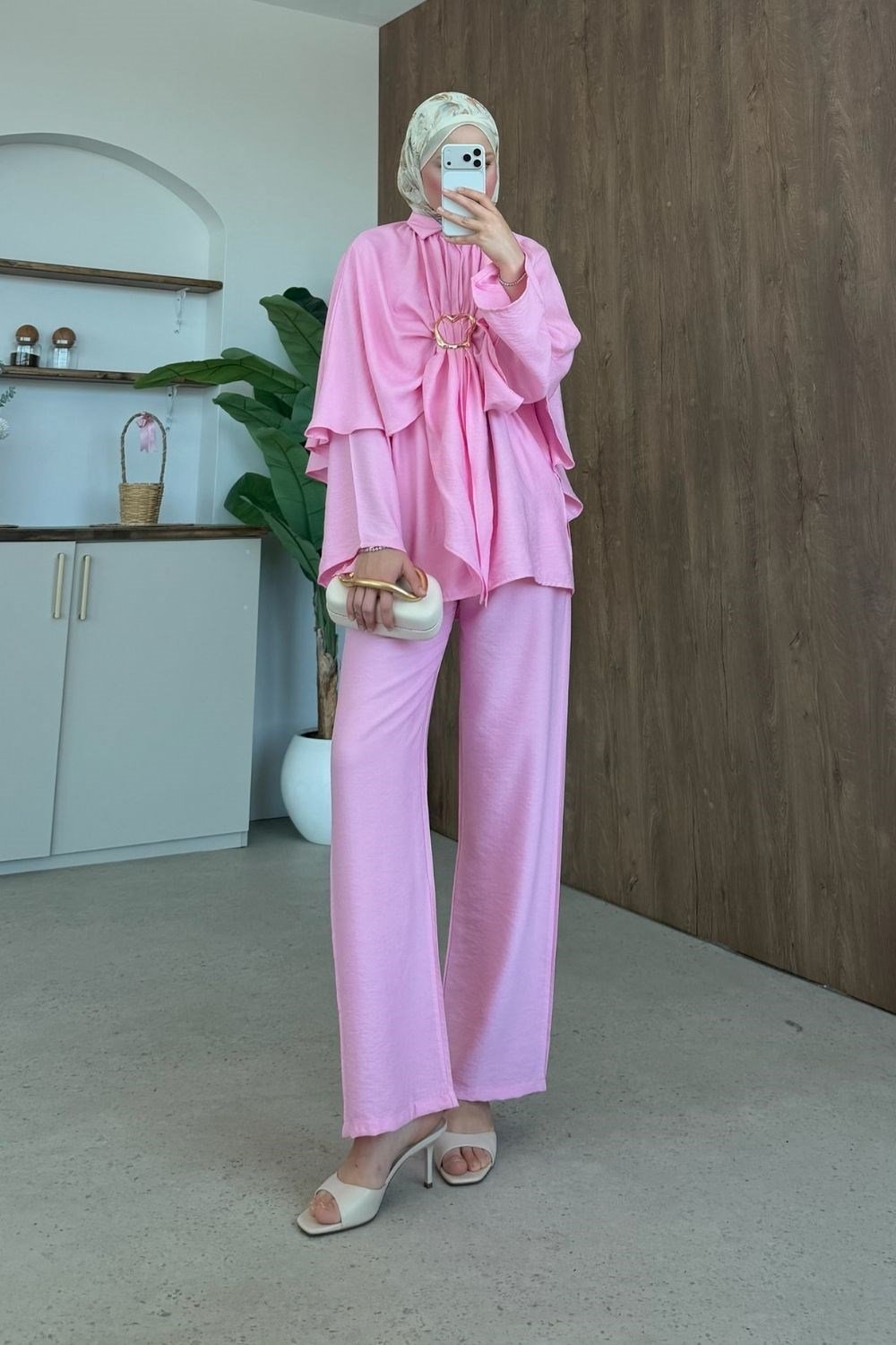 Serra Keten Pelerinli 3'lü Takım Pembe 8072 
