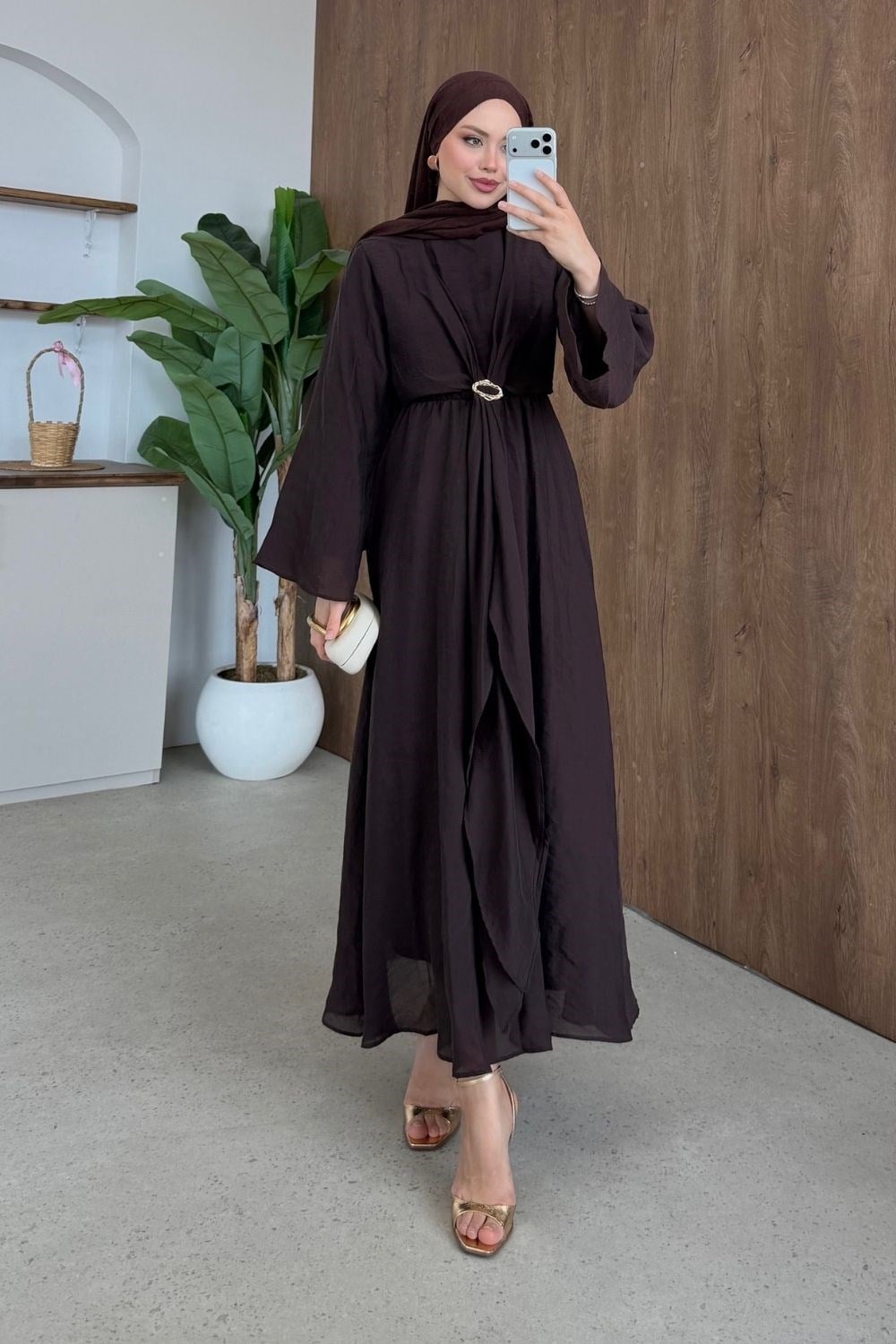 Oliva Broş Detaylı Elbise Kahverengi 8075 