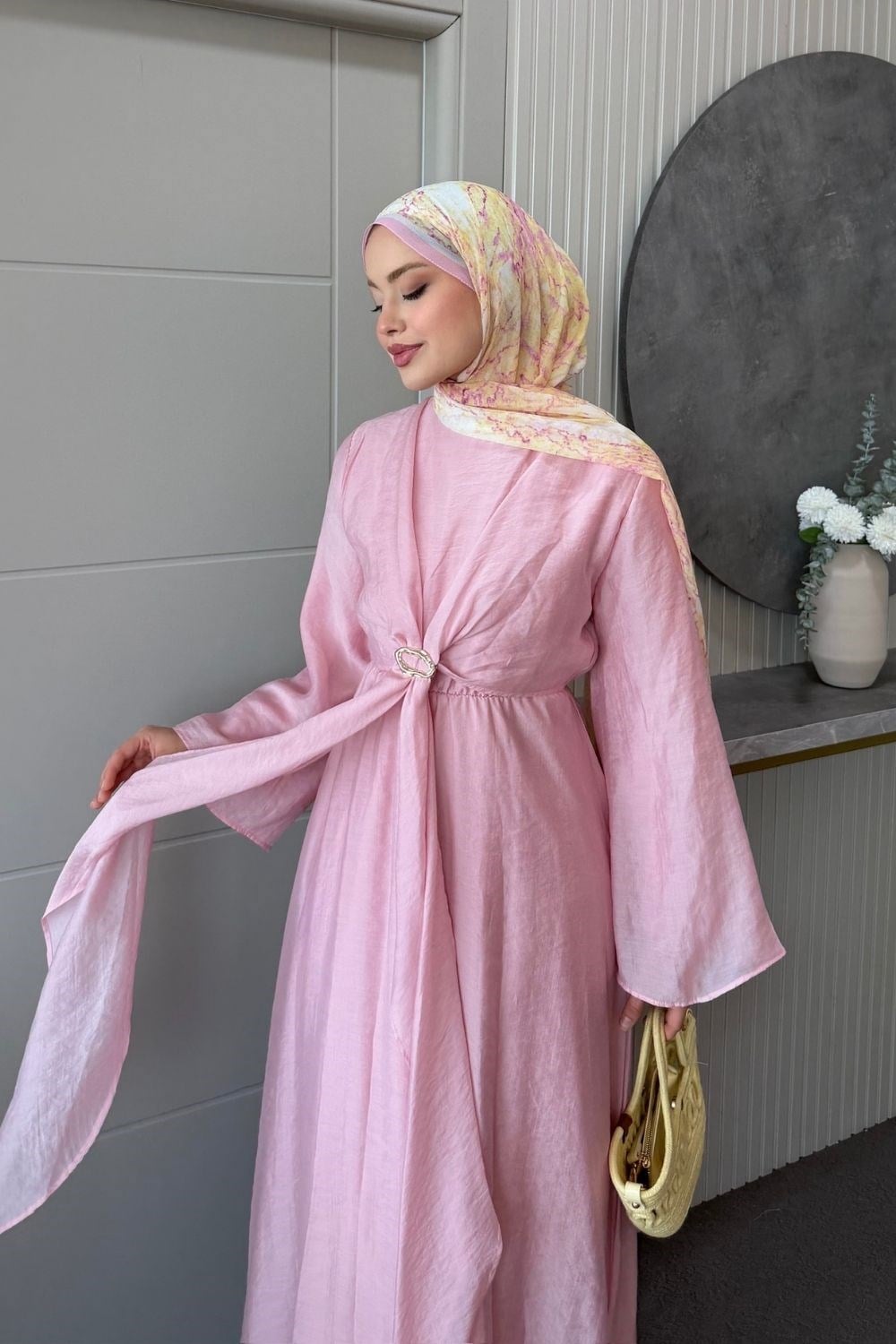 Oliva Broş Detaylı Elbise Pembe 8075 