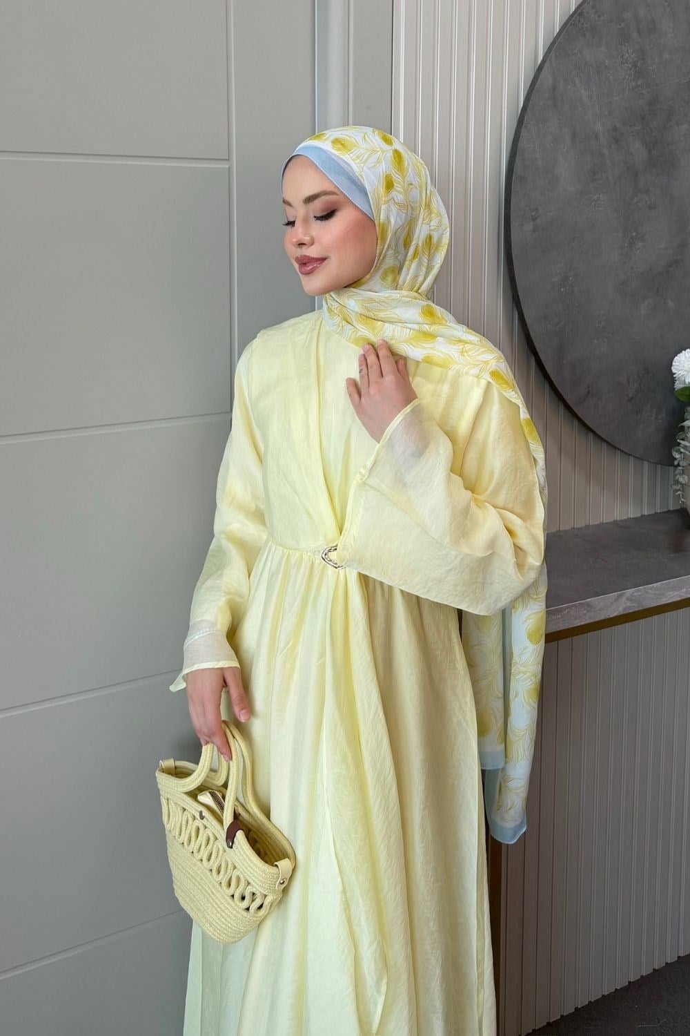 Oliva Broş Detaylı Elbise Sarı 8075 