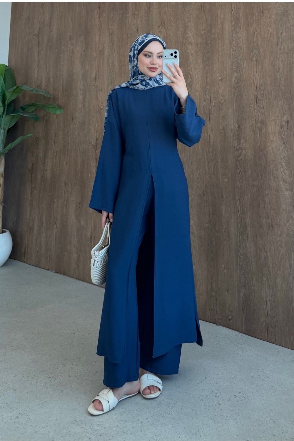 Ön Yırtmaçlı Keten Takım Lacivert 8078 