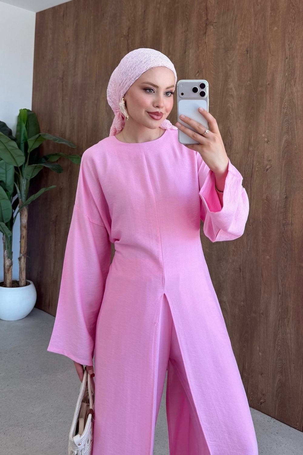 Ön Yırtmaçlı Keten Takım Pembe 8078 