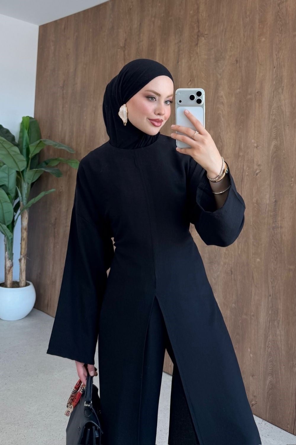 Ön Yırtmaçlı Keten Takım Siyah 8078 