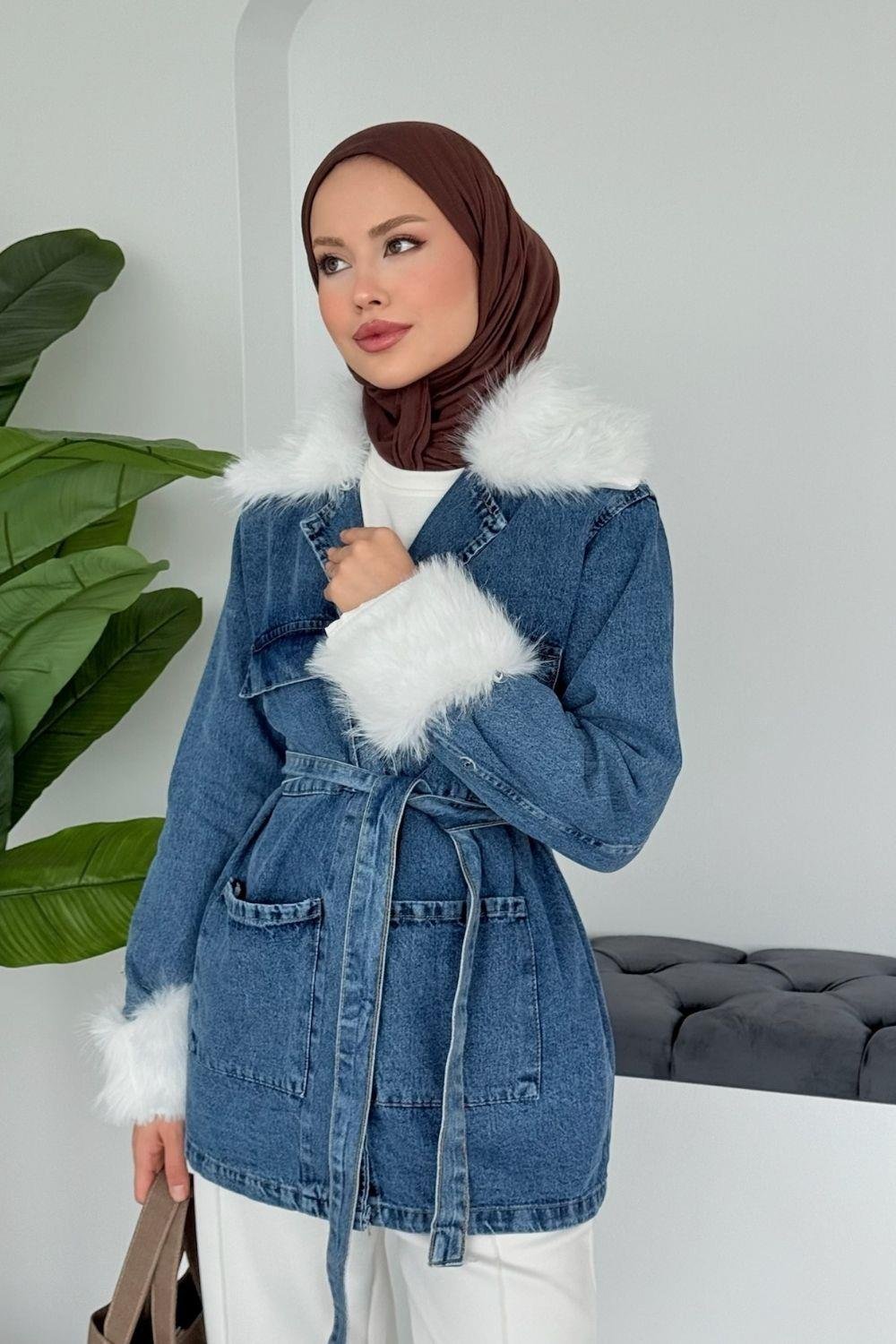 Kürklü Kot Ceket Buz Mavisi 81185 